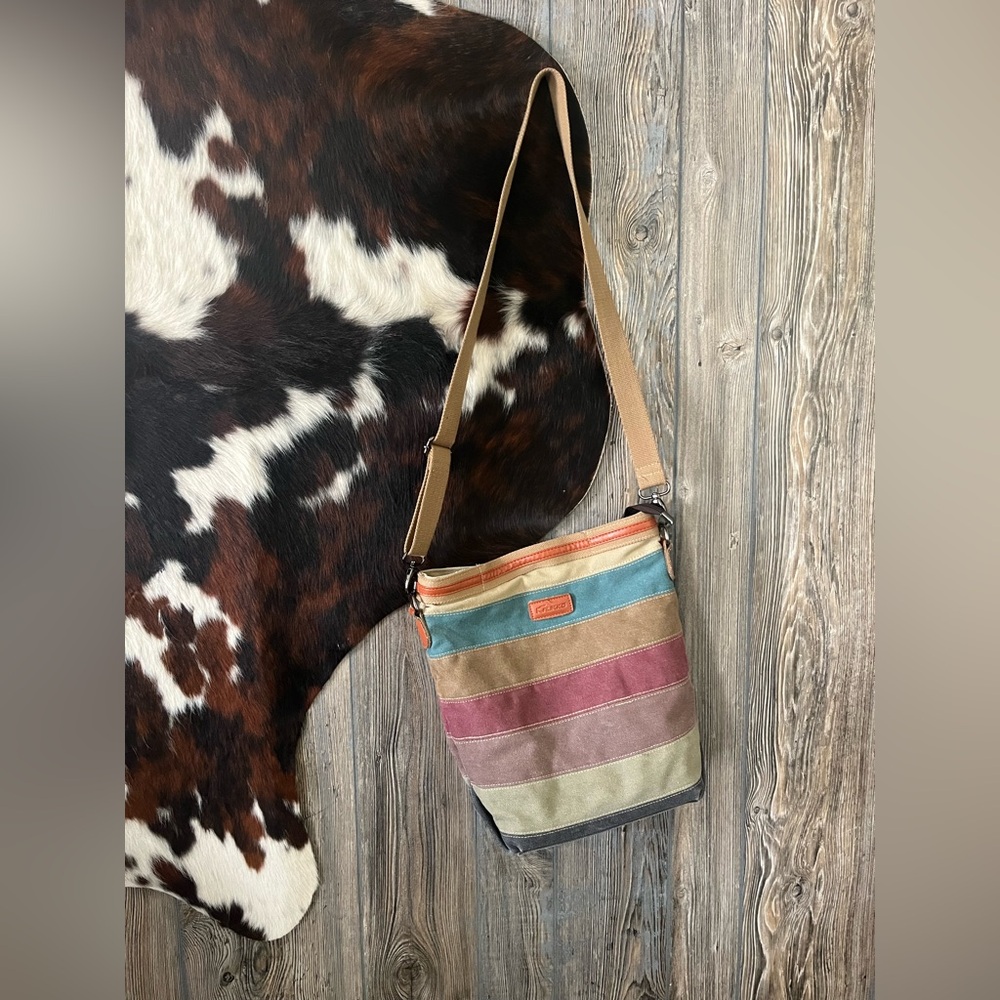 Kaukko striped canvas crossbody purse neutral colors used once EUC